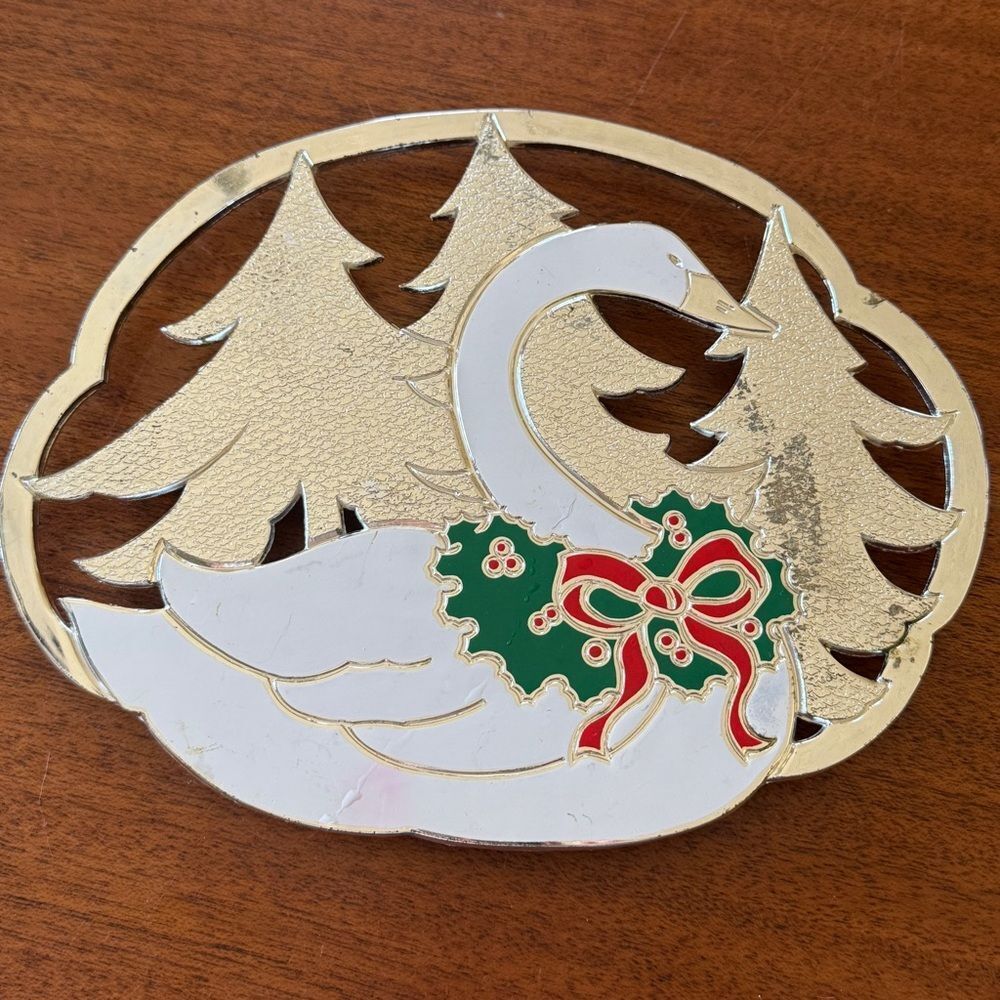 Vintage Wm. A. Rogers Silver plated and Enameled Christmas Swan Trivet